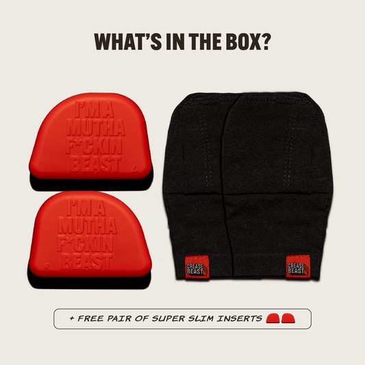 Crease Beast Mini set with two red memory foam inserts and one black foot sleeve, front view.