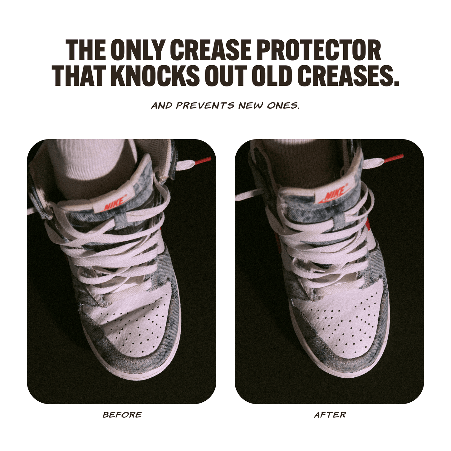 Before and after comparison of a Nike sneaker, showing significant creasing on the left and smooth toe box on the right.