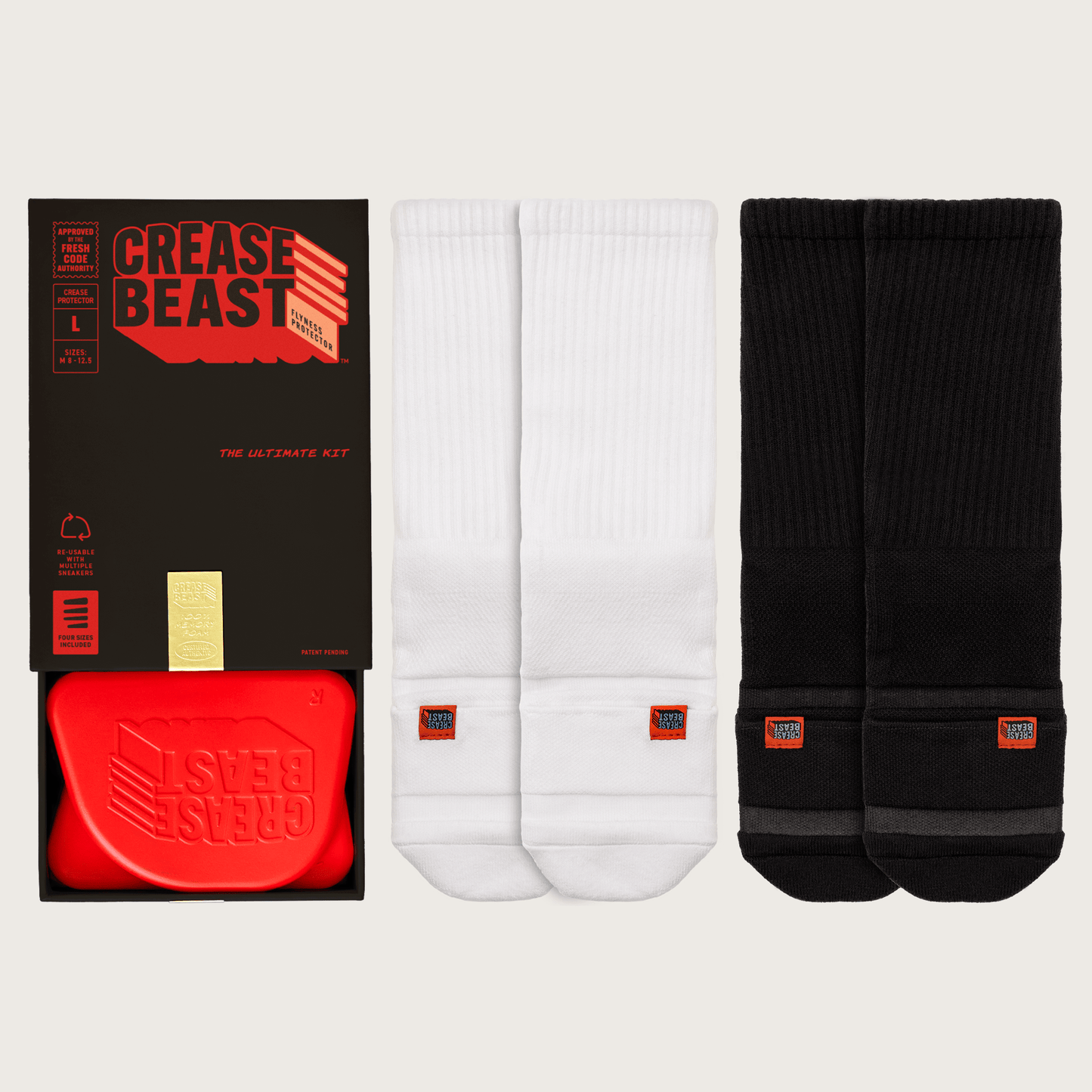 Crease Beast Ultimate Kit, front view. Black box with red logo, two pairs of white socks, two pairs of black socks.
