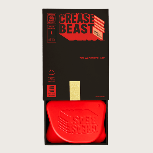Crease Beast Ultimate Kit, a black box with red text, open to show a red crease protector inside.