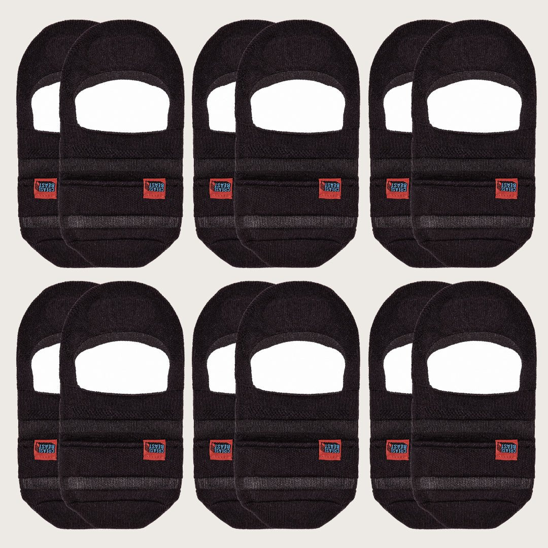 Eight pairs of Crease Beast Pocket Socks - No Show in black, with red and blue brand labels.