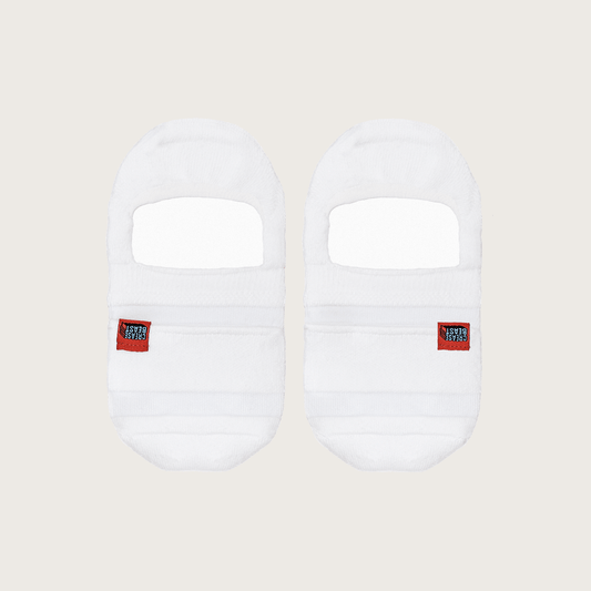 Front view of two white CREASE BEAST POCKET SOCKS - NO SHOW, each with a red CREASE BEAST label.