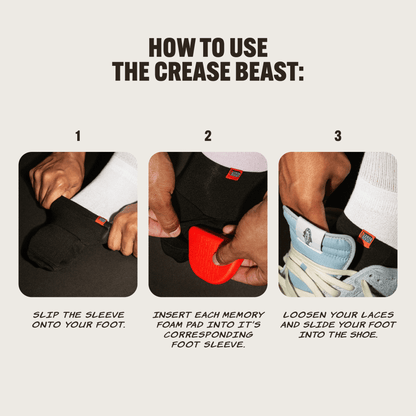 Three-panel image showing how to use Crease Beast: slip sleeve, insert foam pad, then put on shoe.