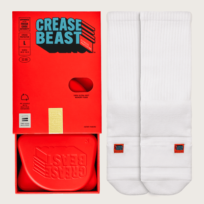 Crease Beast Starter Kit in red packaging, with one red crease protector and a pair of white socks.
