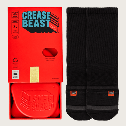 Crease Beast Starter Kit, XL size M 13-16, with red Crease Beast Flyness Protector and black socks.