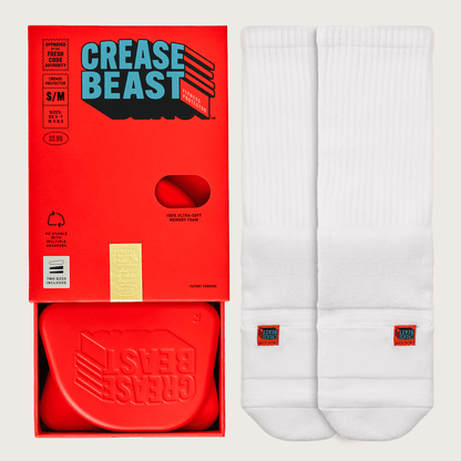Crease Beast Starter Kit, S/M, with two red memory foam crease protectors in a red box and two white socks.