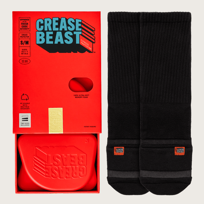 Crease Beast Starter Kit, S/M, with red packaging, red crease protectors, and black socks with orange labels.