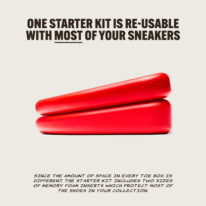 CREASE BEAST Starter Kit with two red memory foam inserts, one stacked on top of the other, front view.