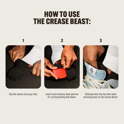 Three-step guide on how to use Crease Beast, showing a person inserting the red foam pad into a black foot sleeve and then putting it into a light blue sneaker.