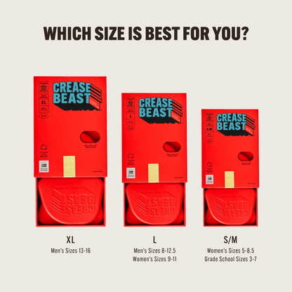 Three Crease Beast Crease Protector boxes in XL, L, and S/M sizes, with red protectors visible inside.