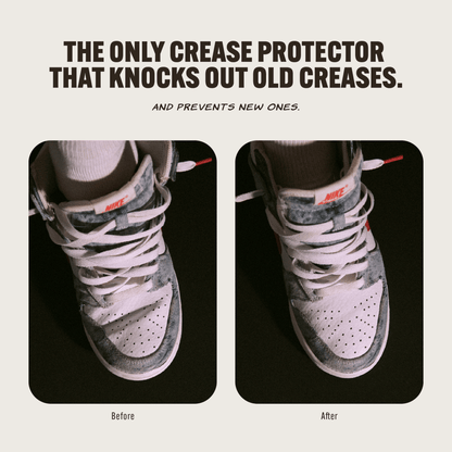 Before and after comparison of a white and denim Nike sneaker with white laces, showing creases removed.