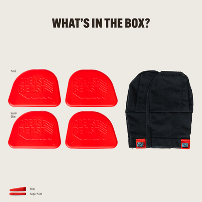 CREASE BEAST Starter Kit with two pairs of red Slim and Super Slim crease protectors and a black storage bag.