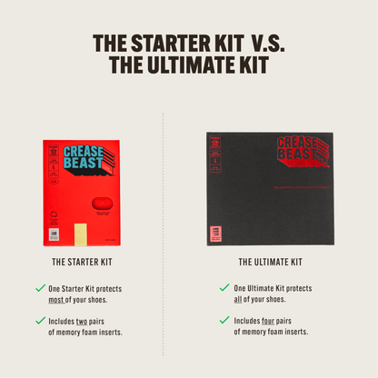 Crease Beast Starter Kit, red box with blue text, size L, M 8-12.5, 2 pairs of inserts.