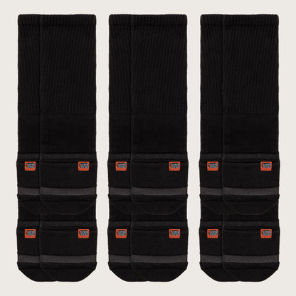 Three pairs of black Crease Beast Pocket Socks - Crew, each with an orange Crease Beast label and gray stripes.