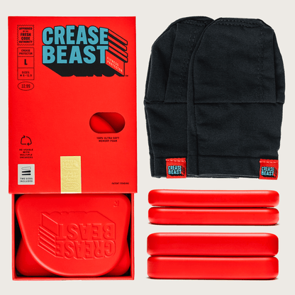 Crease Beast Starter Kit, size L, with red box, black fabric shoe inserts, and red memory foam inserts.