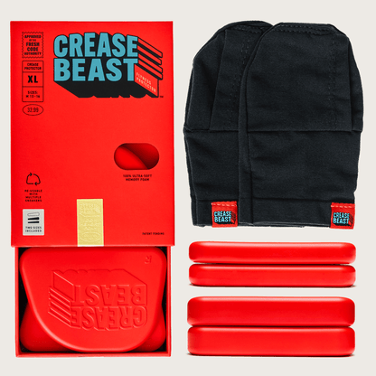 Crease Beast Starter Kit with red box, black shoe inserts, and red memory foam inserts, size XL.