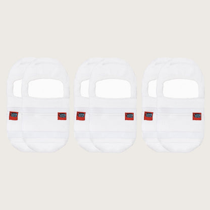 Six pairs of Crease Beast Pocket Socks - No Show, white, with red Crease Beast labels, front view.